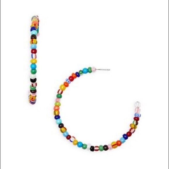 AQUA Gold Tone Multicolor Beaded C Hoop Earrings Bloomingdales Exclusive New - Picture 1 of 3